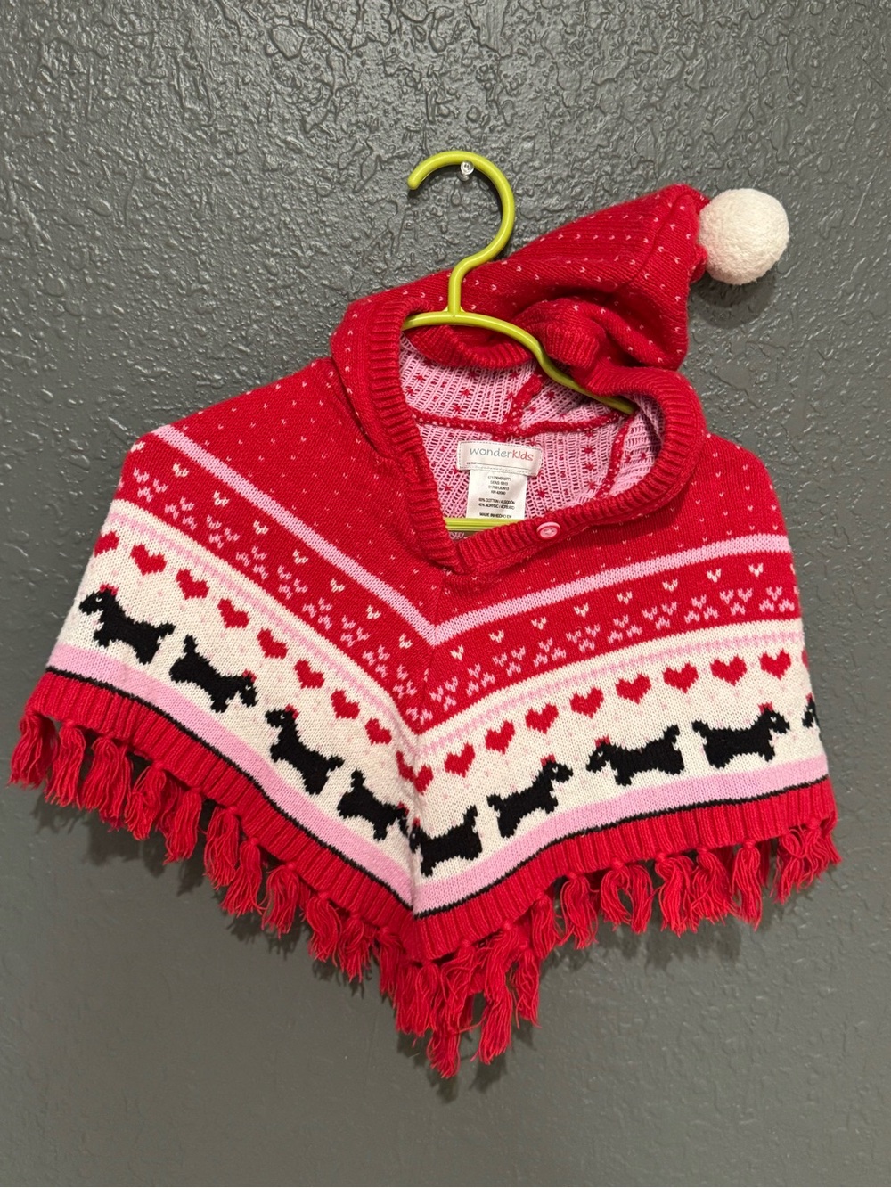 Wonderkids Red Hooded Knit Poncho with Scottie Dog Motif